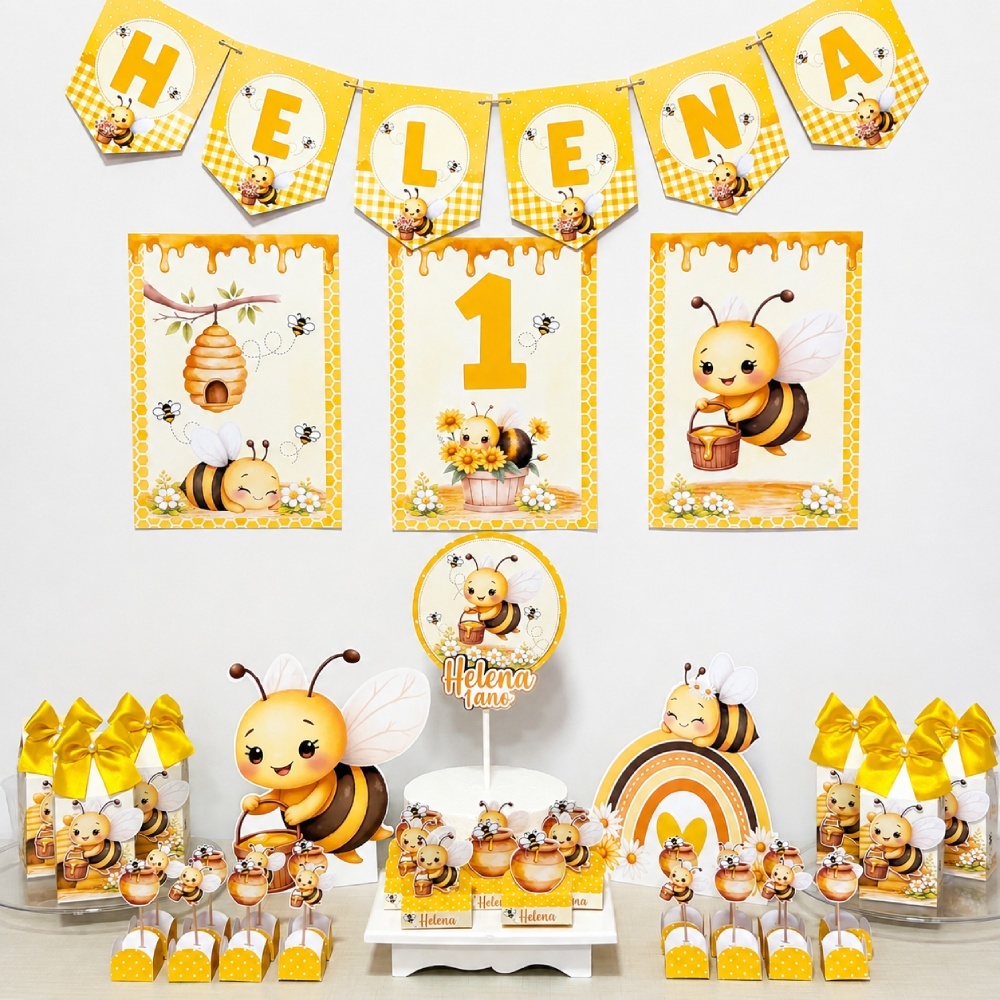 Kit Festa Abelhinha Personalizado/Kit Só um Bolinho/Lembrancinha/Decoração/Aniversário/Mesversário/Festa casa e escola