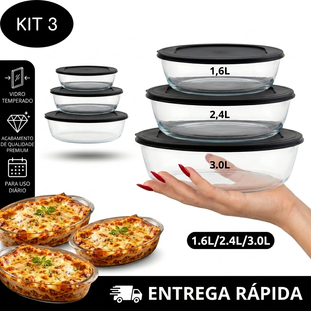 Kit Jogo de 3 Assadeiras de Vidro Temperado Oval Com Tampa 1,6L/2,4L/3,0L Vai ao forno tipo marinex