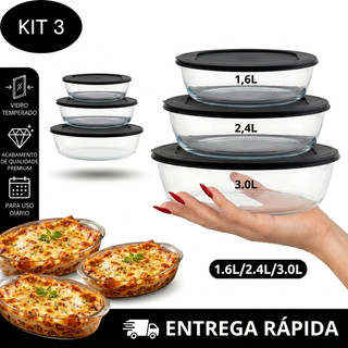 Kit Jogo de 3 Assadeiras de Vidro Temperado Oval Com Tampa 1,6L/2,4L/3,0L Vai ao forno tipo marinex