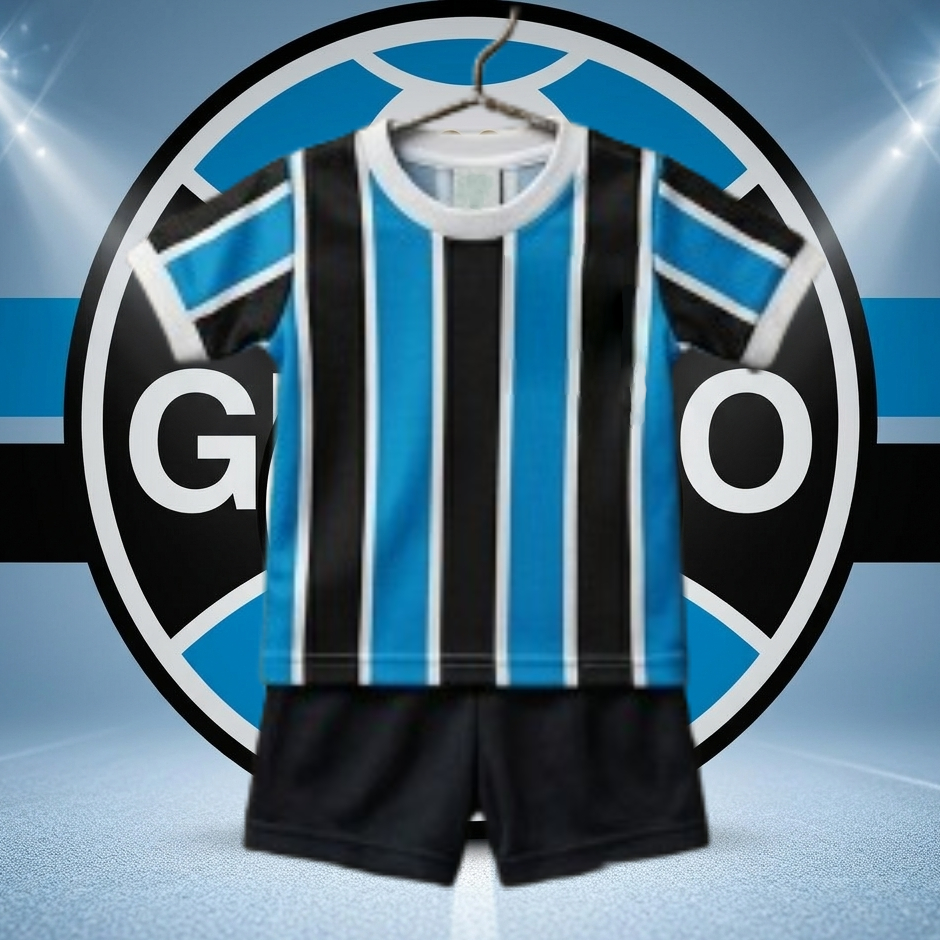 Conjunto Juvenil Infantil Gre Azul Listrado 2026 c/ Patrocinios atualizados Kit Camisa e Short Bordado com Escudo