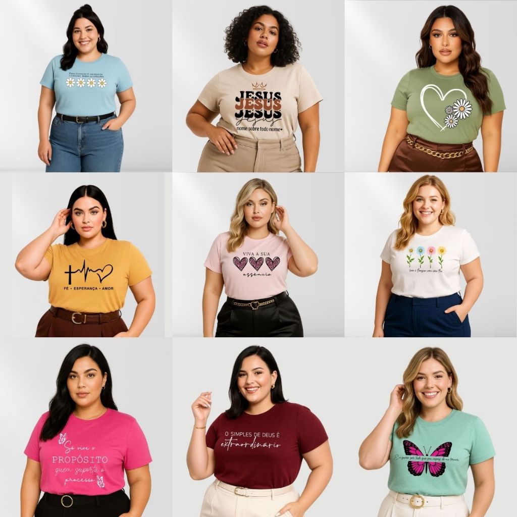 Kit 3 Blusa Feminina Plus Size Gola Redonda Manga Curta 100% Algodão