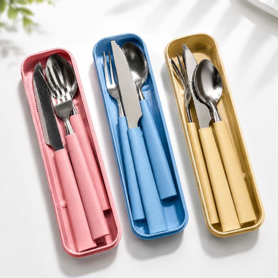 Jogo Talher 3pc Inox Portátil Com Estojo Compacto Faca Garfo Colher Marmita Viagem