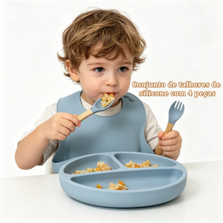 Kit Talheres bebê silicone 4/6 Peças Talheres Infantil Com Ventosa Canudo Colher Babador Garfo