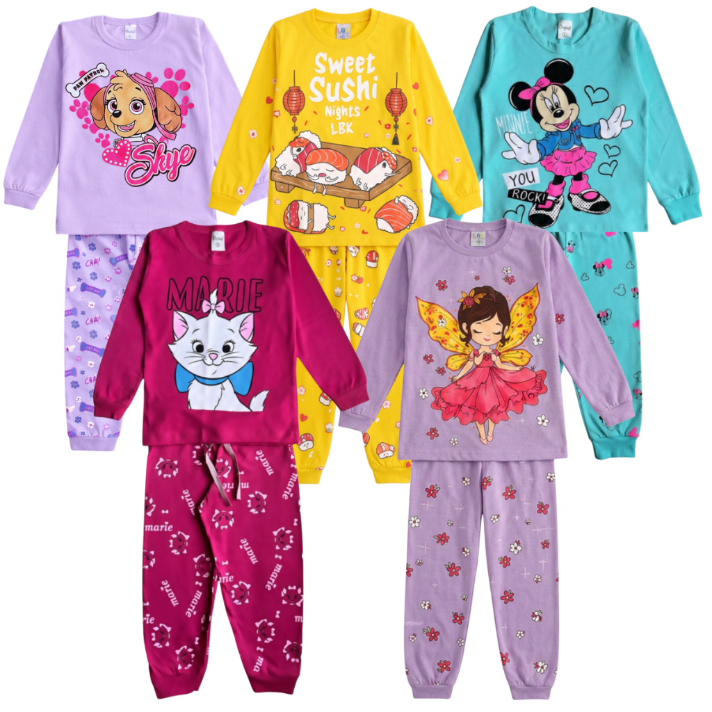 Kit 2 Pijama bebê 100% algodão meia estação longo frio inverno menina bebe manga longa e calça
