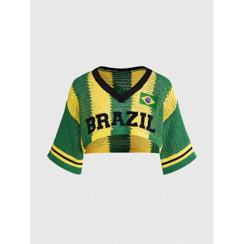 Blusa do Brasil Tricô Cropped Copa do Mundo Seleção Brasileira Bordada Verde Amarelo COP13