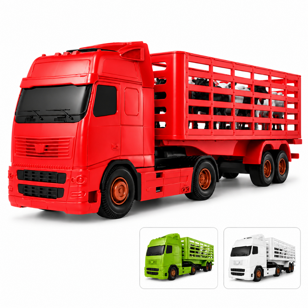 Carrinho Brinquedo Caminhão Boiadeiro  Roma Brinquedos Verde Vermelho E Branco Com Bois E Cavalos De Criança