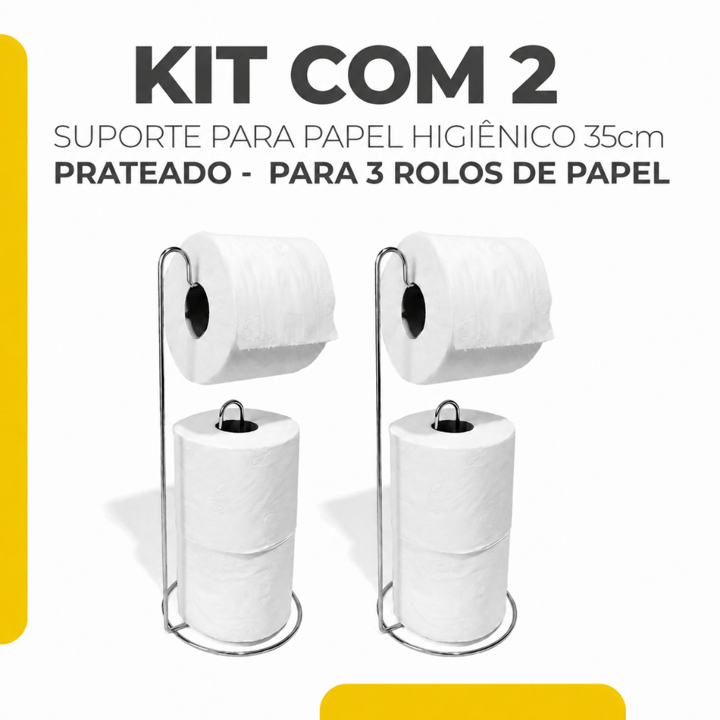 Kit Suporte Porta Papel Higiênico De Chão 3 Rolos Prateado - 2 Unidades