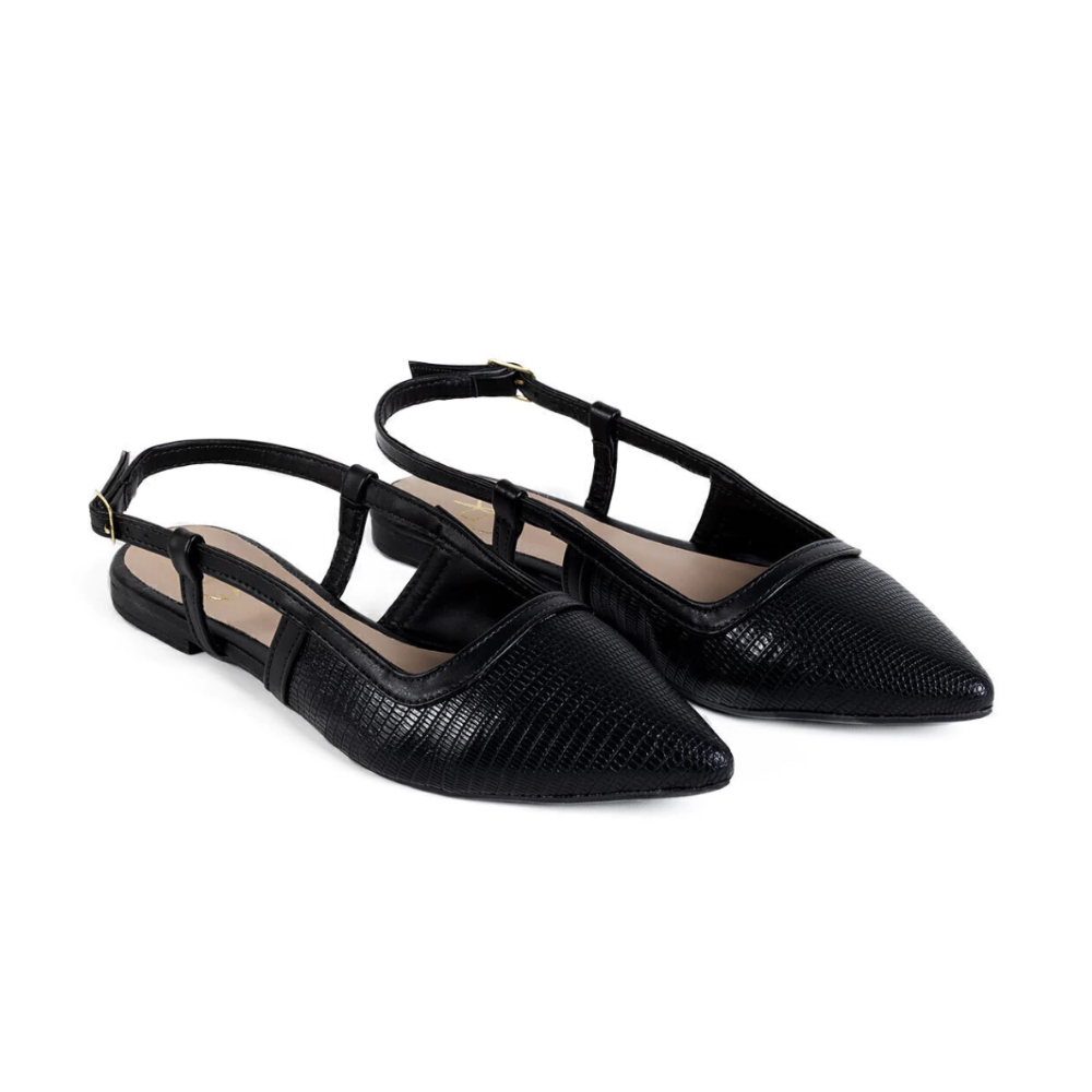 Sapatilha preta Feminina Confortável Aberta Atrás Slingback Bico Fino Lizard Marcela Prado Premium