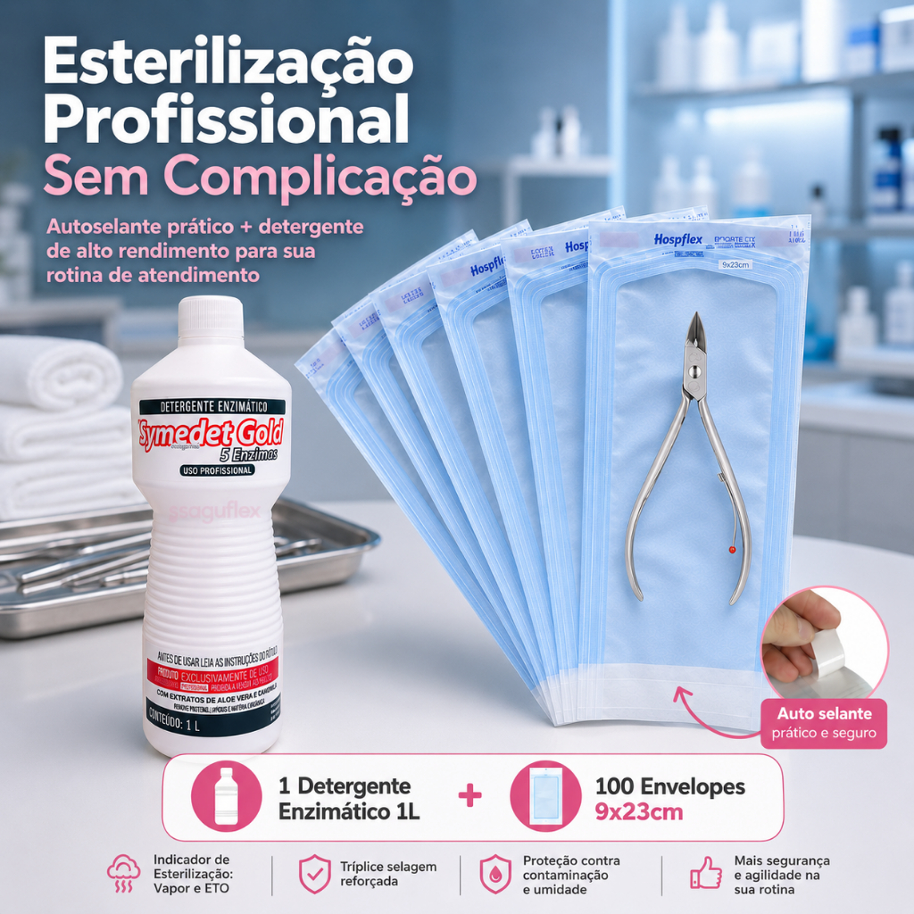 Kit Envelope esterilização alicate cutícula manicure autoclave 9 x 23cm + Detergente Enzimático