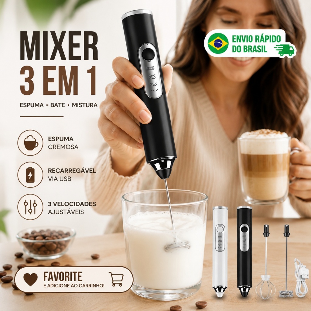 Espumador de Leite Elétrico USB com Envio Rápido do Brasil – Mixer Portátil 2 em 1 3 Velocidades