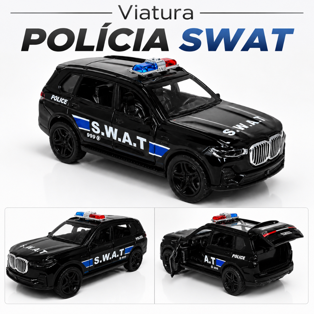 Miniatura Carrinho Polícia BMW SWAT Camburão Metal Abre Portas Carro Fricção Coleção 1:36