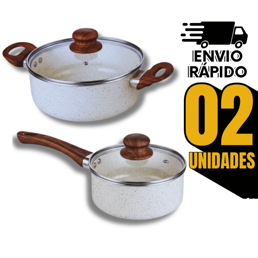 Combo Caçarola 20Cm + Panela 18Cm Indução Antiaderente Cerâmica Tampa Vidro Branca Utensílios