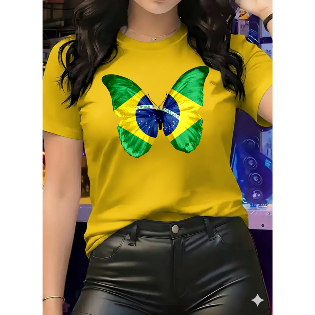 Camiseta Blusa Feminina Brasil Algodão Estampa Borboleta Bandeira Moda Copa do Mundo Confortável Envio Rápido
