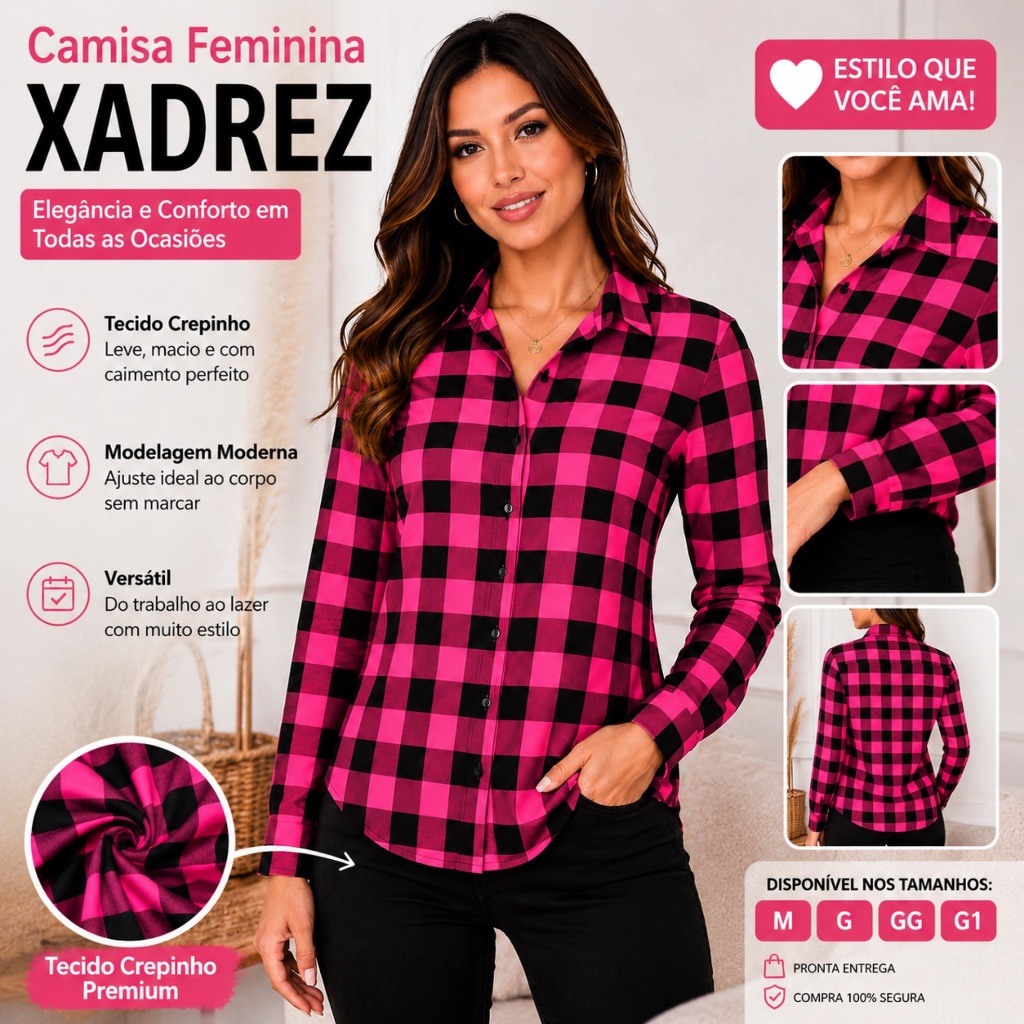 Camisa Xadrez Feminina Manga Longa Crepinho Premium Social Casual Elegante Blusa Feminina Moda 2026