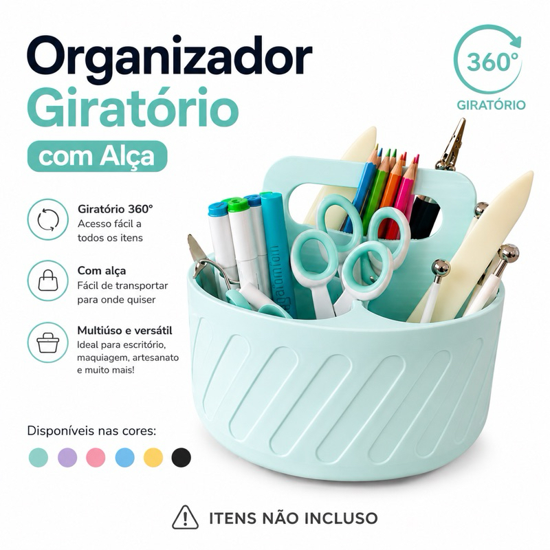 Organizador Giratório Com Alça Porta Objetos Multiuso 360° Papelaria Escritório Artesanato Maquiagem