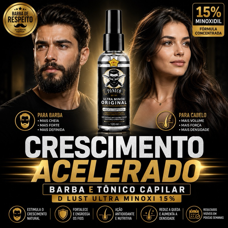 Tônico Capilar D’lust Ultra Minoxi 15% Ativos Original 120ml Crescimento Acelerado Barba e Cabelo Envio Imediato