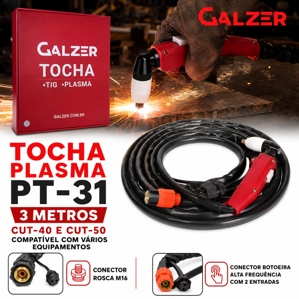 Tocha Corte Plasma Galzer  PT31 3 Metros M16 Mike 2 Vias Maquina Corte Plasma Completa Boxer Esab Tork Smarter Balmer