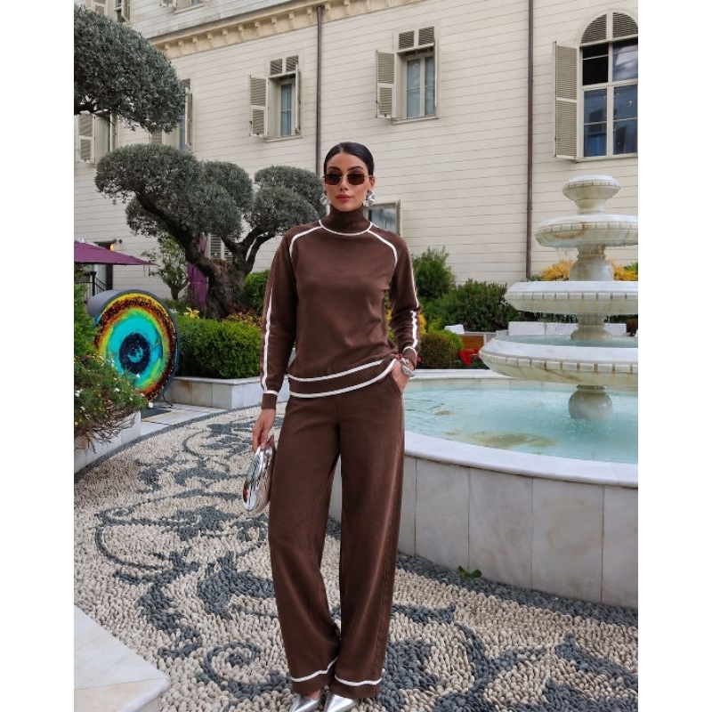 Conjunto de Tricô modal blusa de manga Longa e calça pantalona listrada bicolor caimento lindo e sofisticado 28