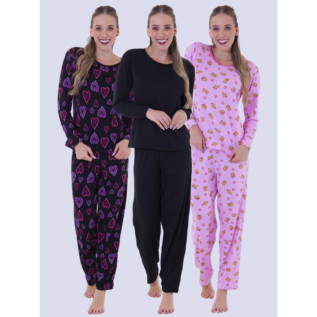 Kit 3 Pijamas Feminino Manga Longa Inverno Thay Sortidos