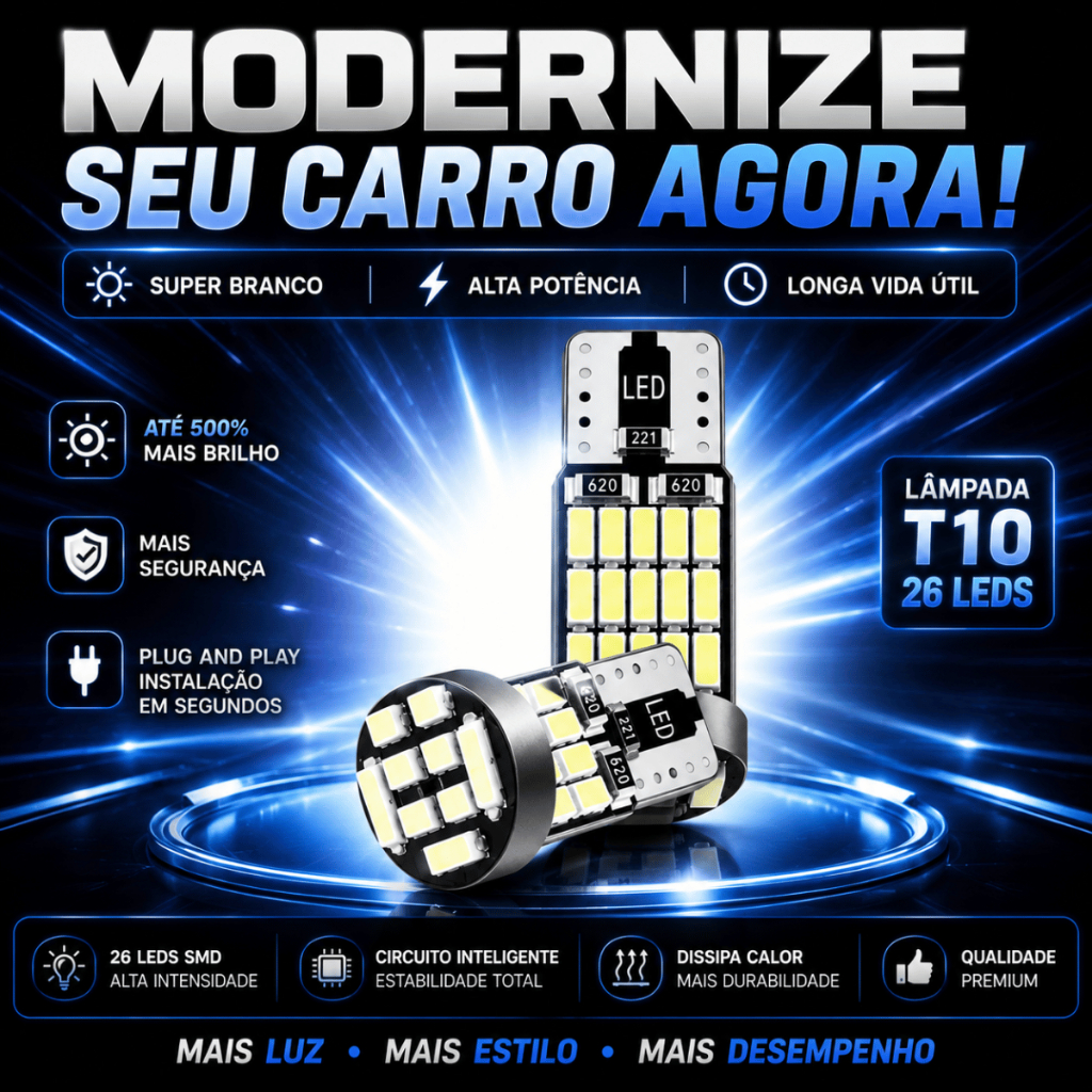 Pingo Led T10 26 Leds Canbus Luz Branca Automotiva Super Brilho Painel Placa Teto