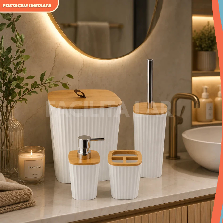 Conjunto de Banheiro Moderno 4 peças com Tampa de Bambu – Organizador Decorativo Elegante Branco ou Preto — imagem 1