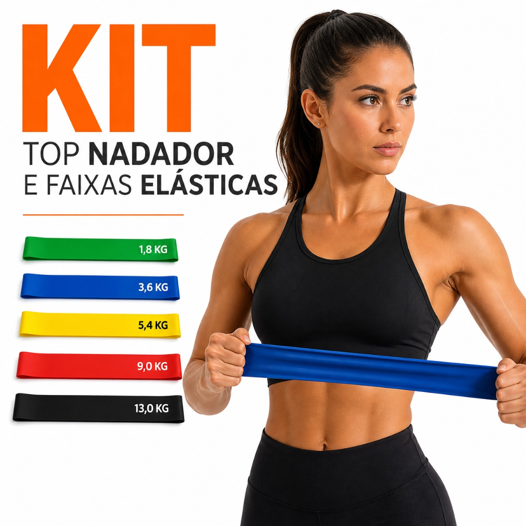 Imagem Kit Fitness Completo: Top Nadador + 5 Faixas Elásticas Mini Band Academia Em Casa Crossfit Treino