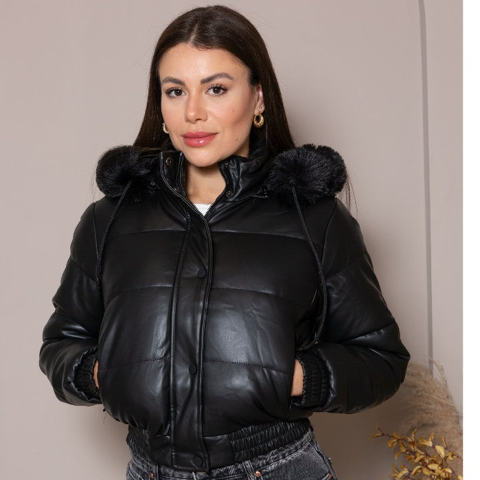 Jaqueta Puffer Cropped Feminina Couro Fake Grossa e Forrada Iverno Com Capuz  Removivel
