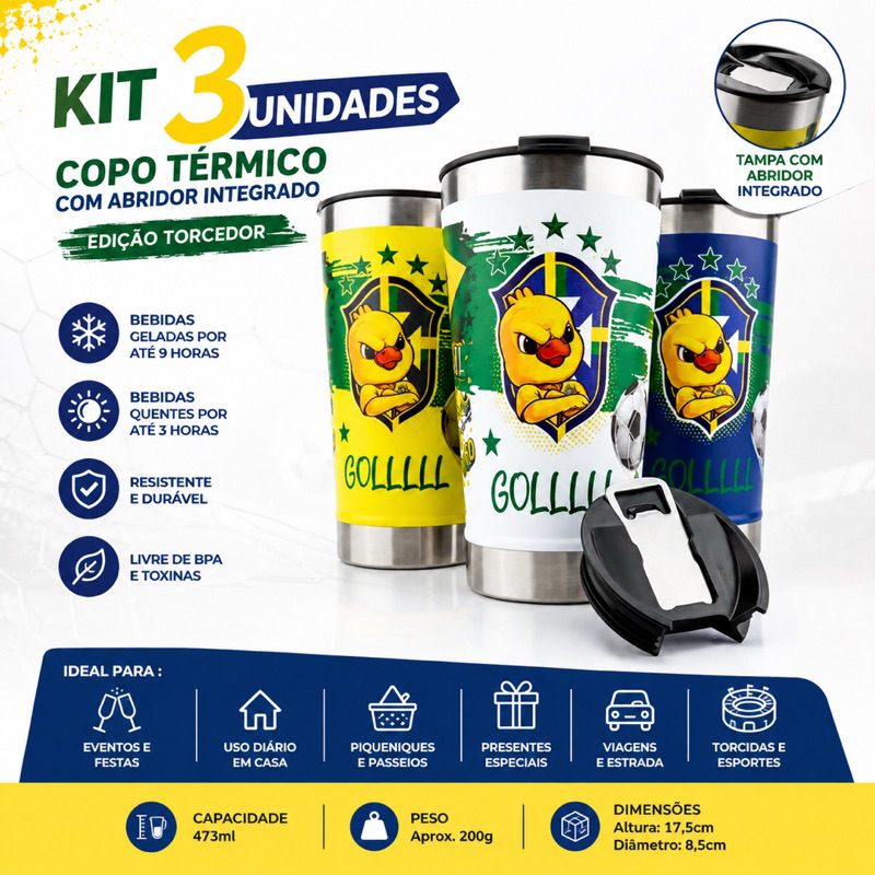 Kit Copo Térmico Personalizado Brasil Copa do Mundo 473ml Com Tampa Abridor Integrado