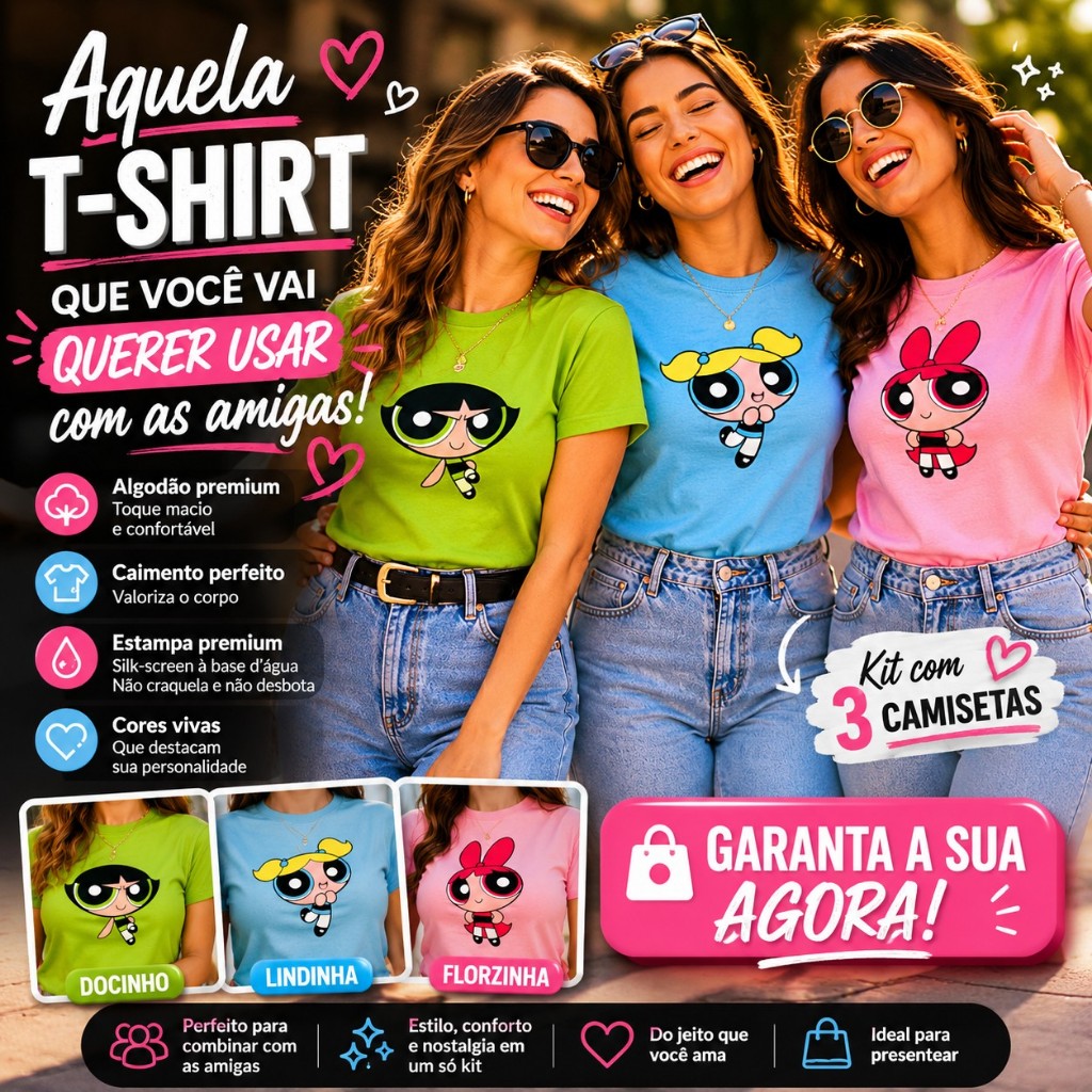 Camiseta Feminina Estampada Garotas Super Poderosas Lindinha Docinho Florzinha 100% Algodão Premium
