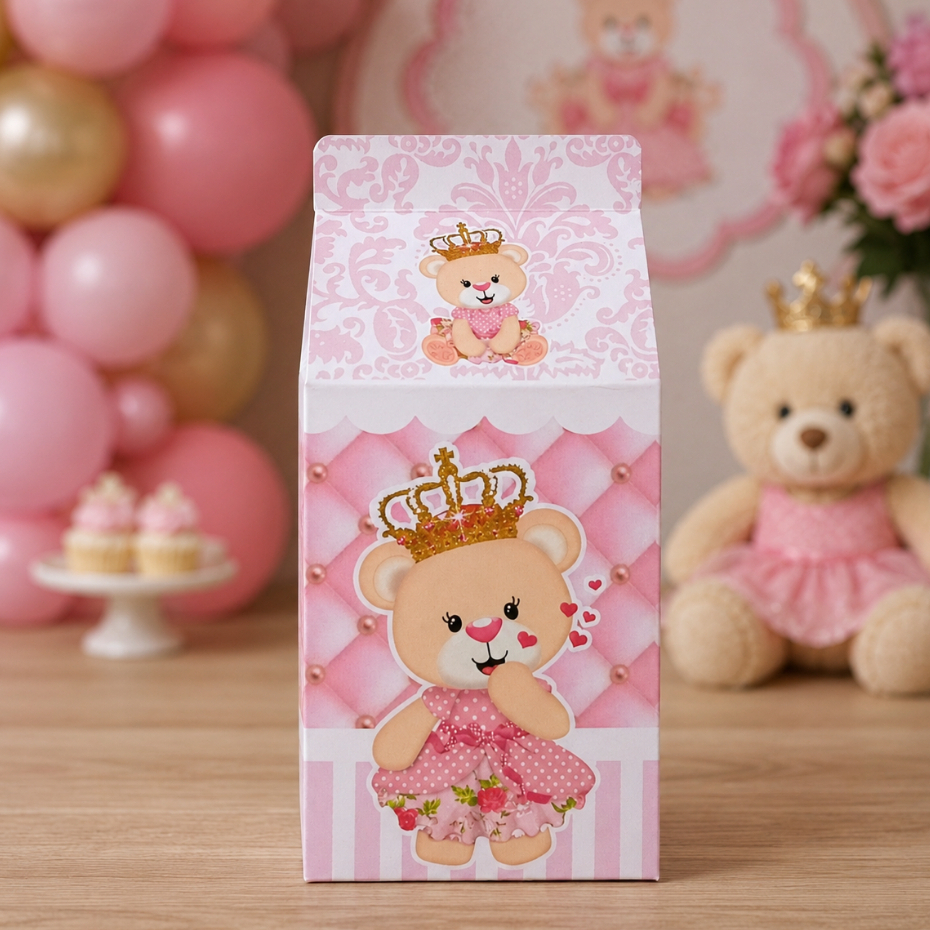 Caixinha Milk Ursinha Princesa Rosa Chá de Bebê Personalizada Lembrancinha para Festa