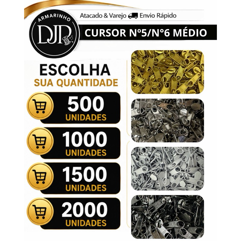 Cursor N 5 N 6 Zíper Niquelado Dourado Preto e Branco
