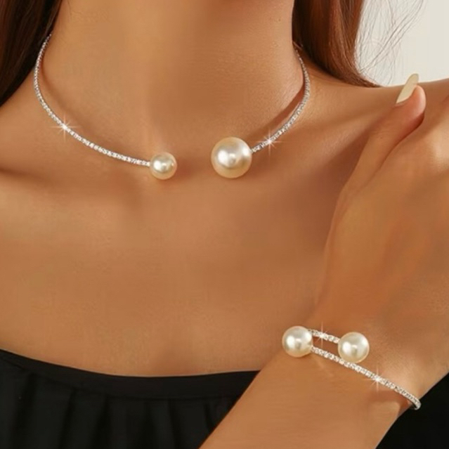 Conjunto colar + brinco + pulseira pérola strass prata / dourado. Choker pérola