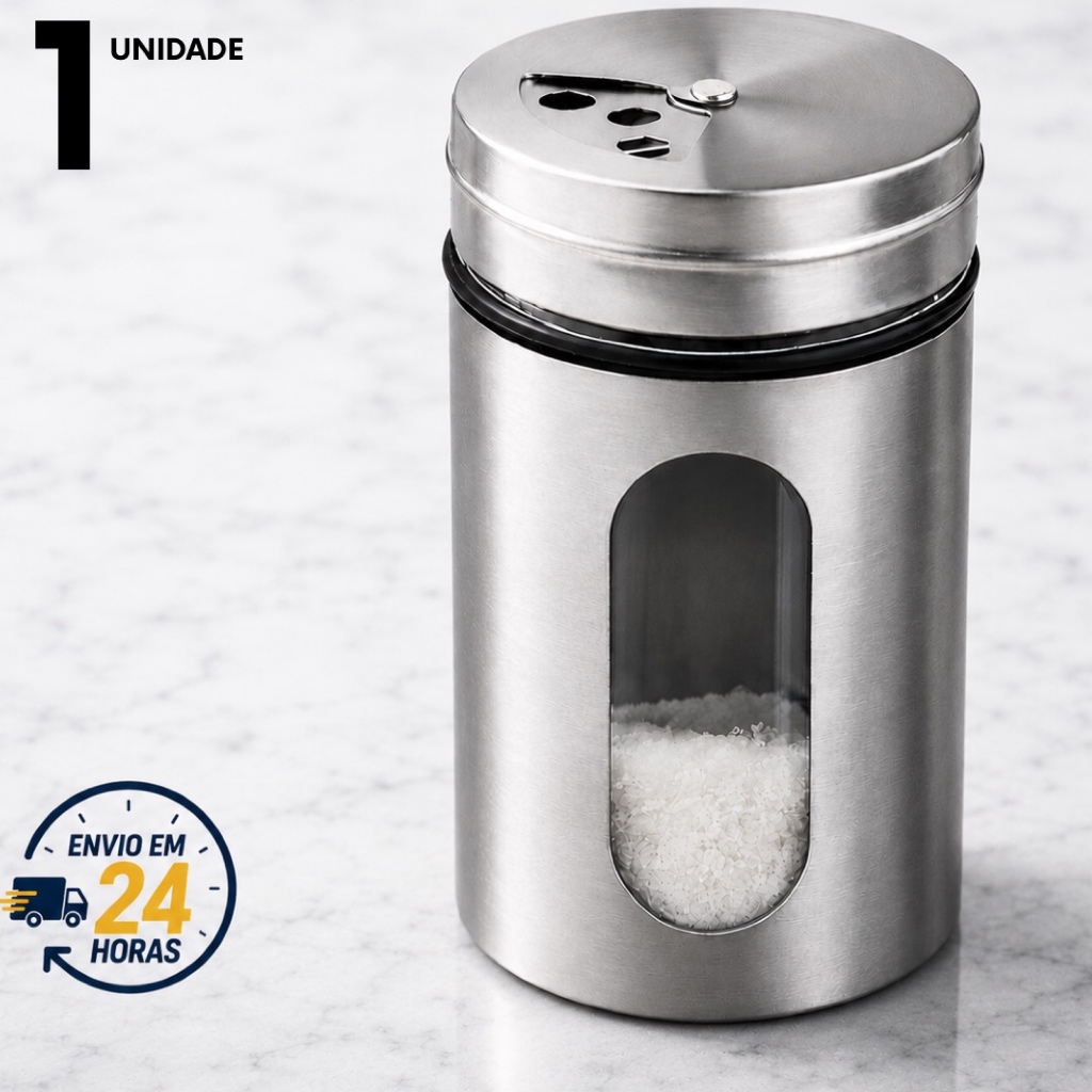 Saleiro Porta Temperos Capa de Inox Com Visor de Vidro | Dosador Para Cozinha Porta Condimentos