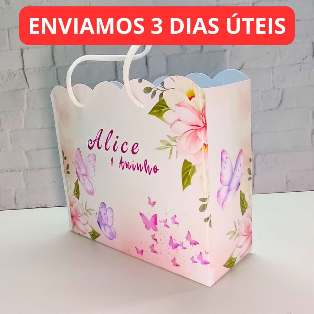 Sacolinha Personalizada Jardim encantado das borboletas -  Sacola Surpresa de Lembrancinha de Aniversário e festa