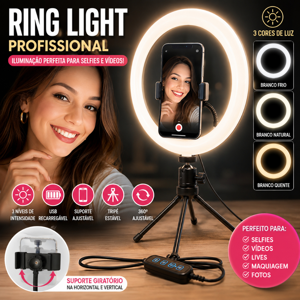Ring Light 10 Polegadas 26cm Com Tripé Suporte Celular Led Usb 3 Cores Para Live Foto Vídeo Maquiagem