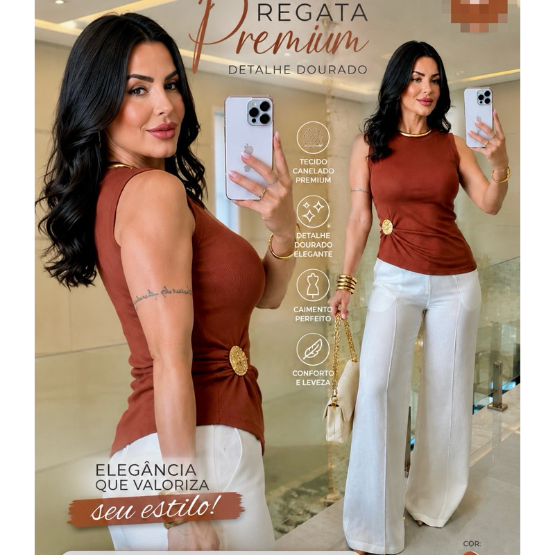 Blusa Feminina Canelada Casual Elegante com Detalhe Dourado | Regata Premium Ajustada Moda Social Chic