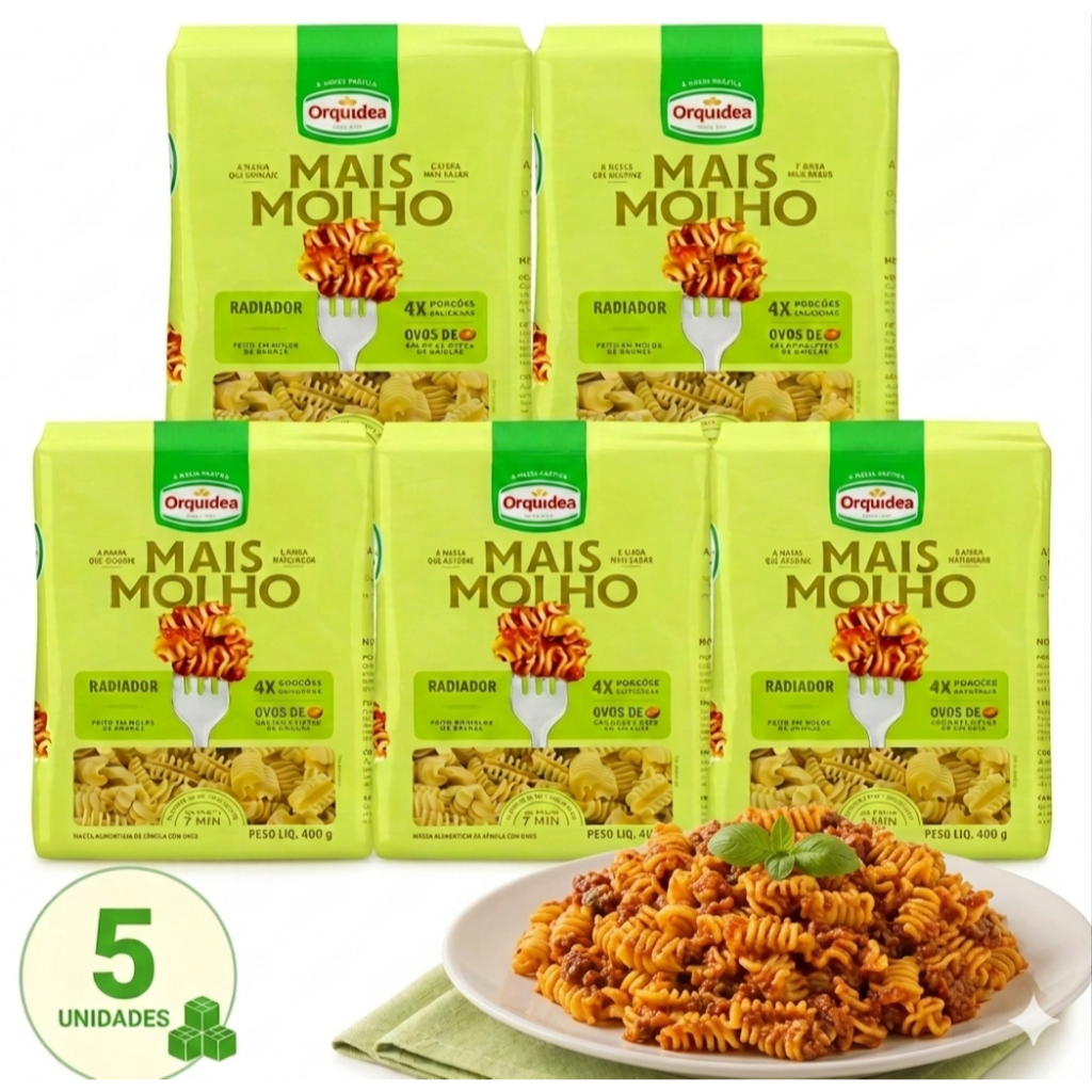 Kit 5 Macarrão RADIADOR Orquídea 400g Com Ovos Linha Mais Molho