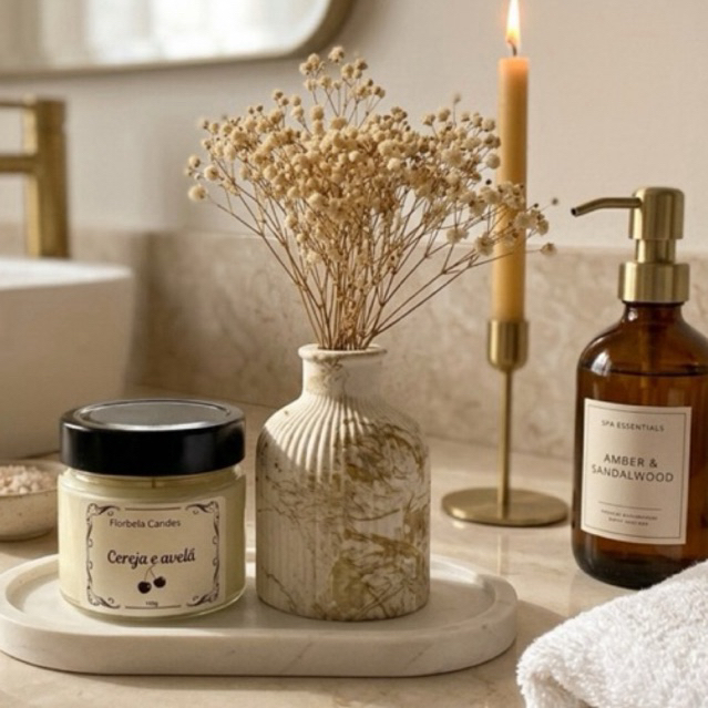 Kit Decorativo 3 Peças – Vela Aromática 150g + Bandeja Oval 17cm + Vazo 9cm Para  Quarto-Sala Casa
