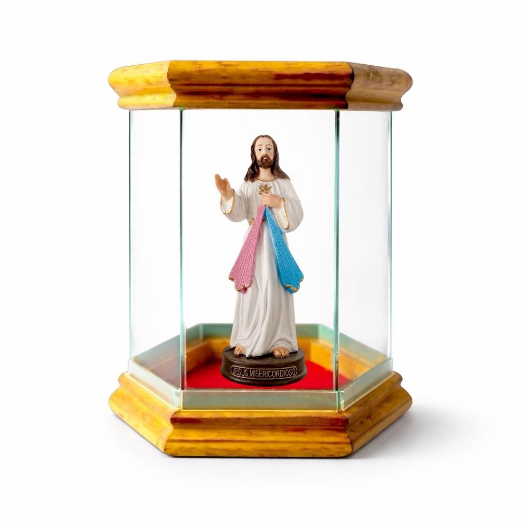 Imagem Jesus Misericordioso 15 cm Resina com Oratorio Redoma Capela de Vidro