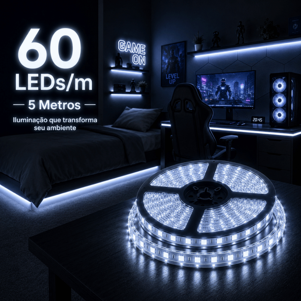 Fita LED 5m 60 LEDs/m Alto Brilho 12V Bivolt Luz Fria Quente Quarto TV Infinitelinestore