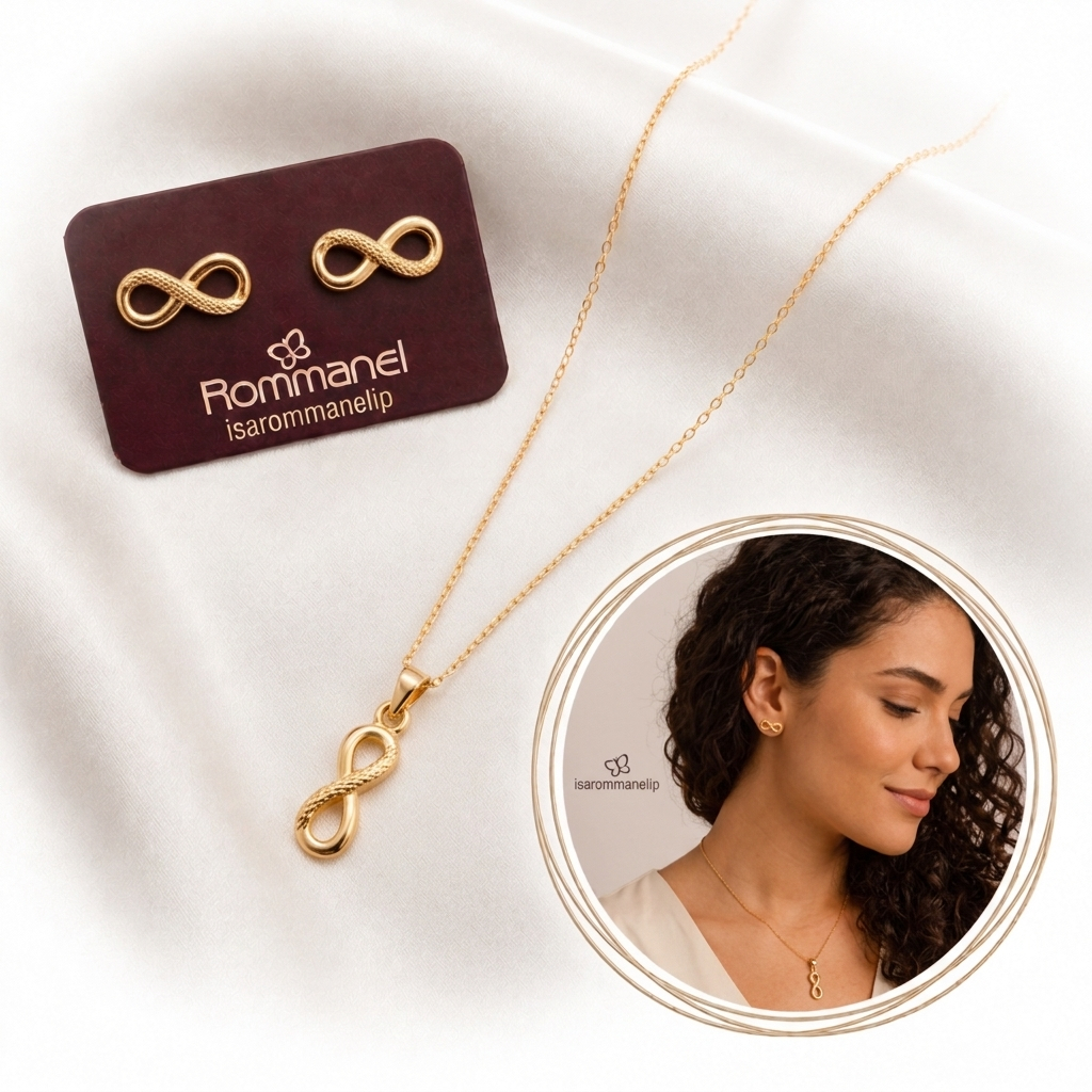 Conjunto Rommanel Simbolo do Amor Infinito Cordão Pingente e Brincos