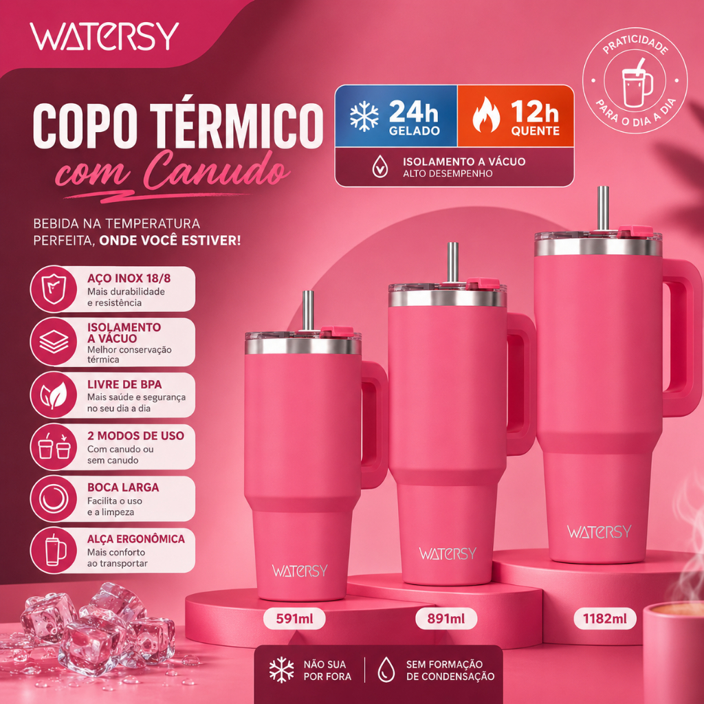 Copo/Termico WATERSY 1200ml Inox 304 com Canudo e Tampa - Portátil e Colorido