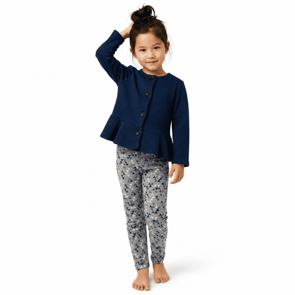 Conjunto Infantil Feminino Malwee Casaco Peplum Azul Marinho e Calça Legging Estampada Algodão