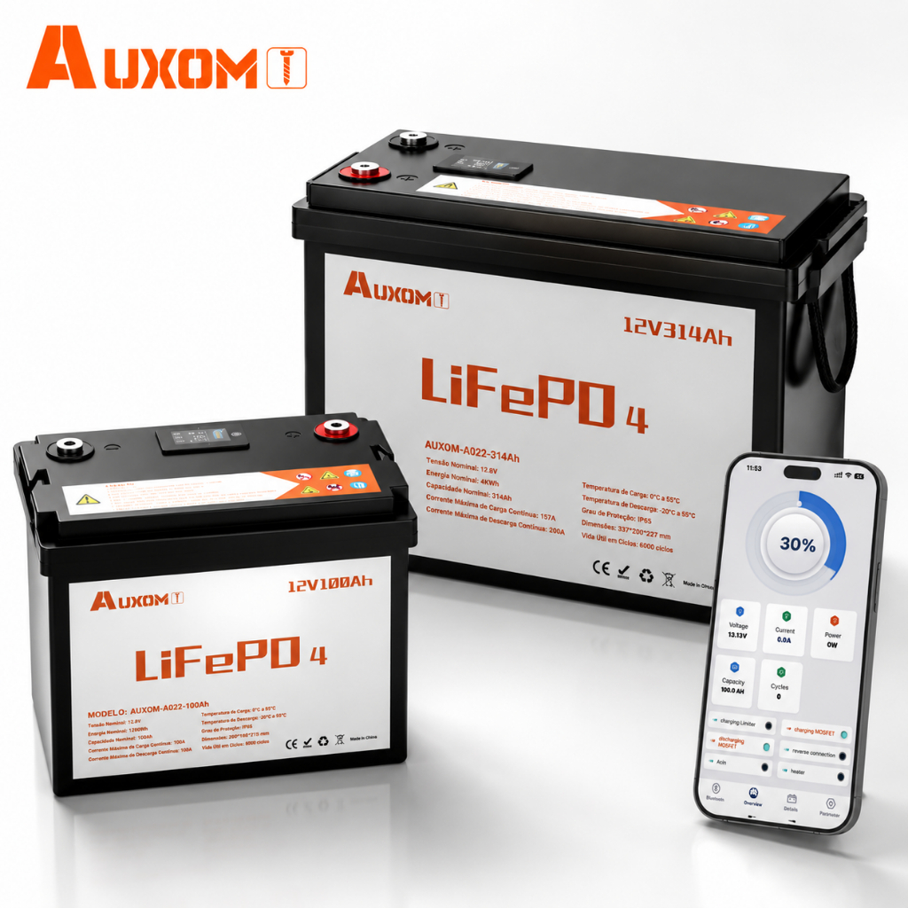 Bateria LiFePO4 AUXOM 12V 100Ah Bluetooth Inteligente Célula Premium 6000 Ciclos Motorhome
