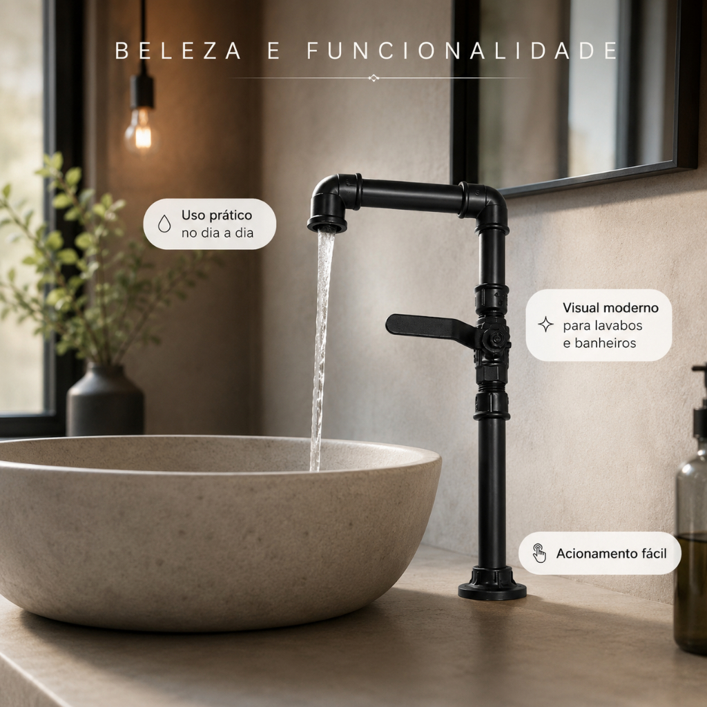 Torneira Industrial Preta 1/2 PVC com Registro Moderna Resistente Bancada