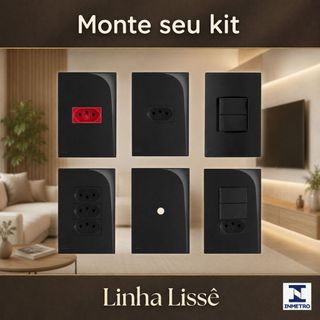 Tomada preta, interruptor, tomada dupla, placa cega, paralelo Lissê Preto brilhante