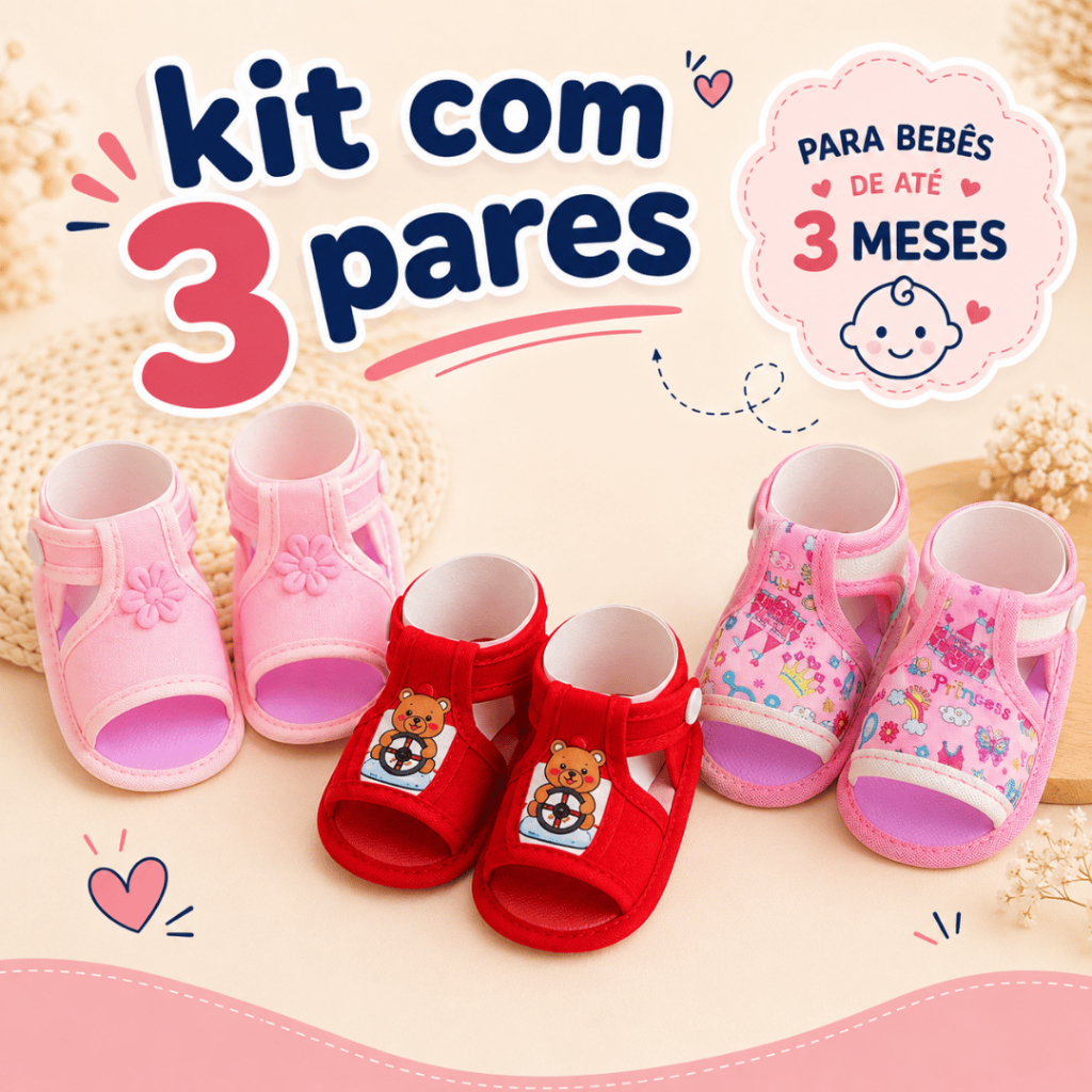 Kit  Com 3 Sandálias Bebê - 0 a 3 Meses