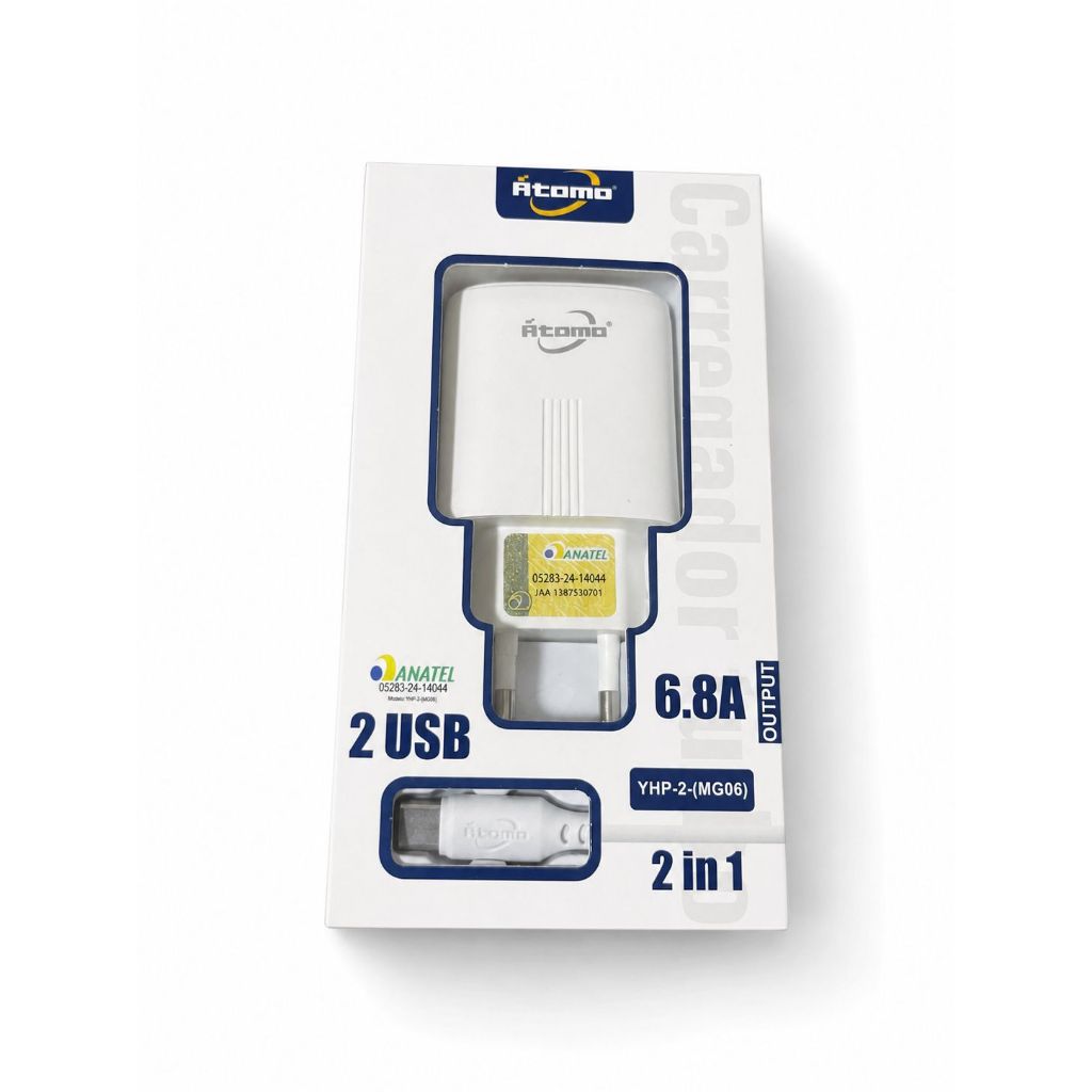 Carregador Turbo, Carregador Rápido, Átomo, 6.8A, Dual USB, Cabo Tipo-C, Carregador Celular, Homologado Anatel, Acessóri