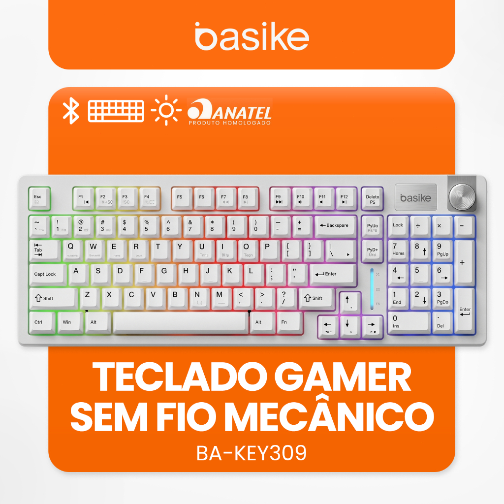 BASIKE Teclado Mecânico Gamer KEY309 Triplo Modo RGB Bluetooth 2.4G Fio Bateria 4000mAh Longa Duração 96 Teclas