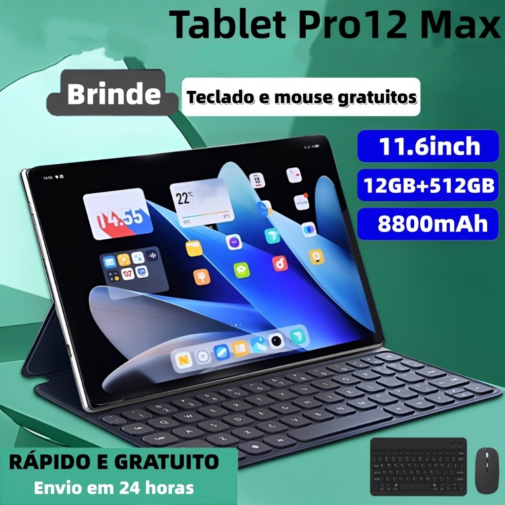 【Teclado e mouse gratuitos】Tablet  Pro12 Max de 11,6 polegadas, 8800 mAh, 12 GB + 512 GB, Dual SIM, Dual-Core